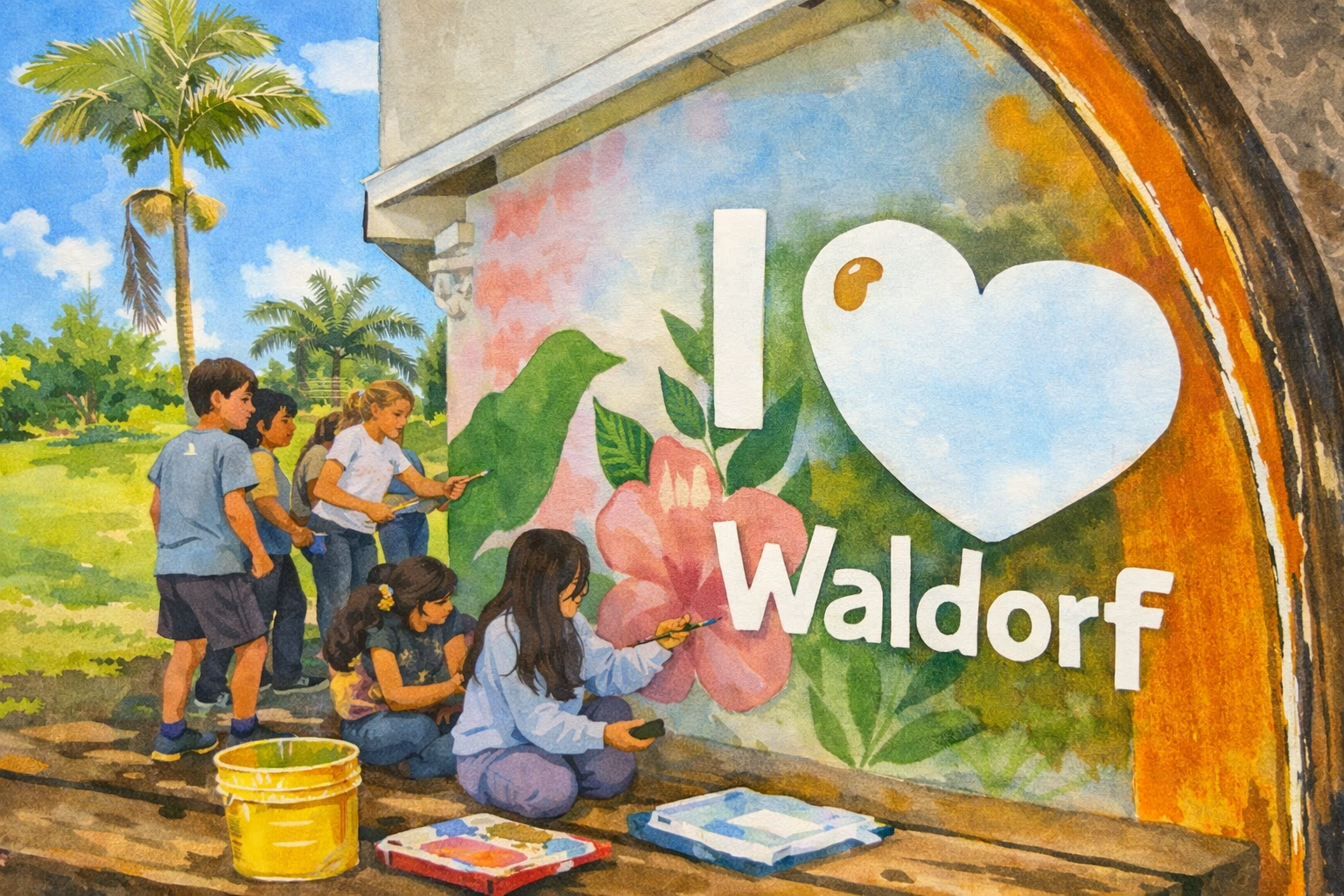 Niños pintan la pared de un salon